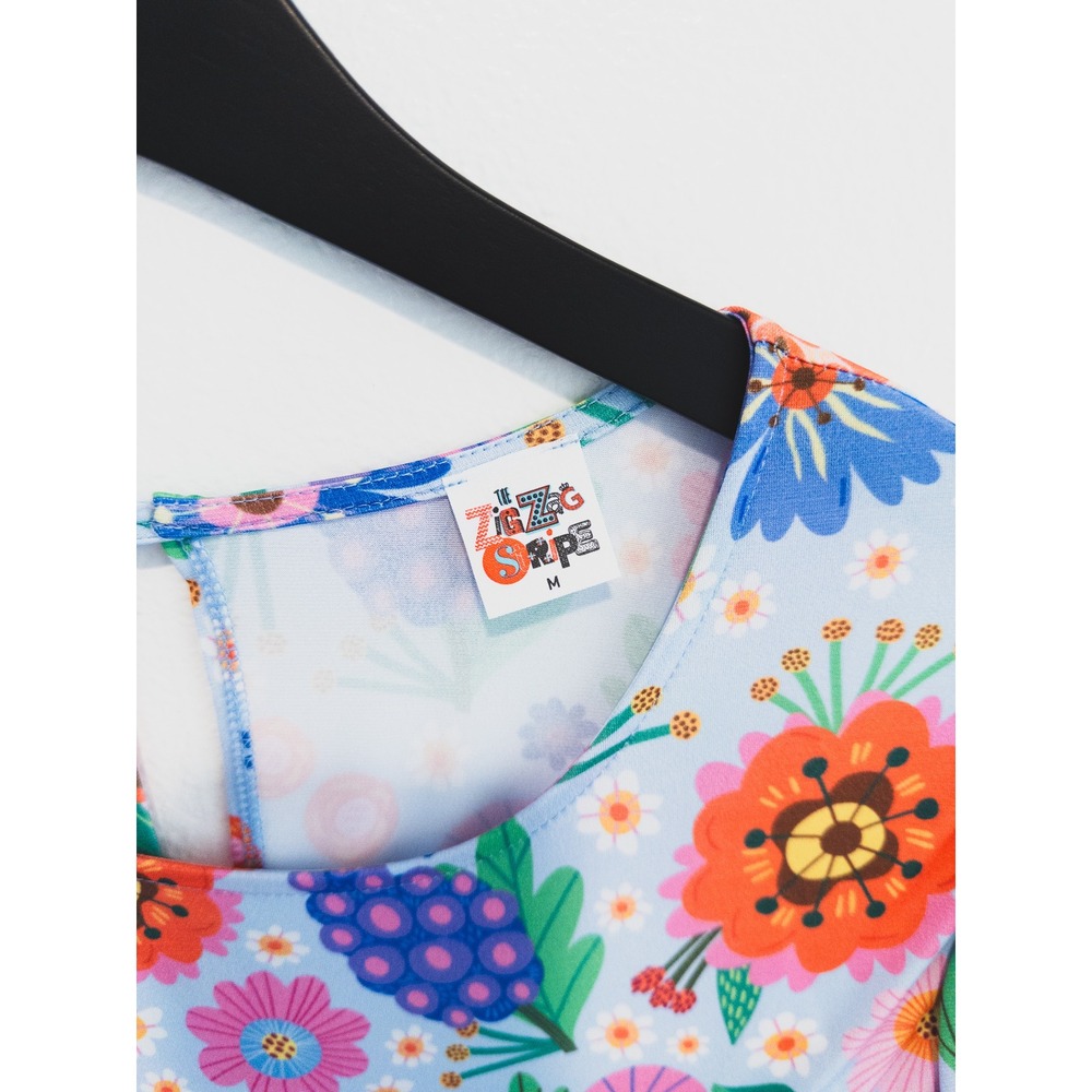 The ZigZag Stripe Floral Babydoll Dress Womens Medium Blue Whimsical Floral - Picture 6 of 8